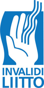 invalidiliiton sinivalkoinen logo teksti ja käden kuva